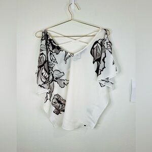 Guess Women’s Small Floral Print Off-Shoulder Blouse White Criss-Cross Back Top